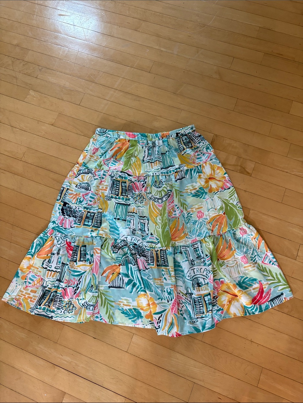JohnPaulRichard Tropical Print Tiered A-Line Skirt - Aqua, Yellow, Coral